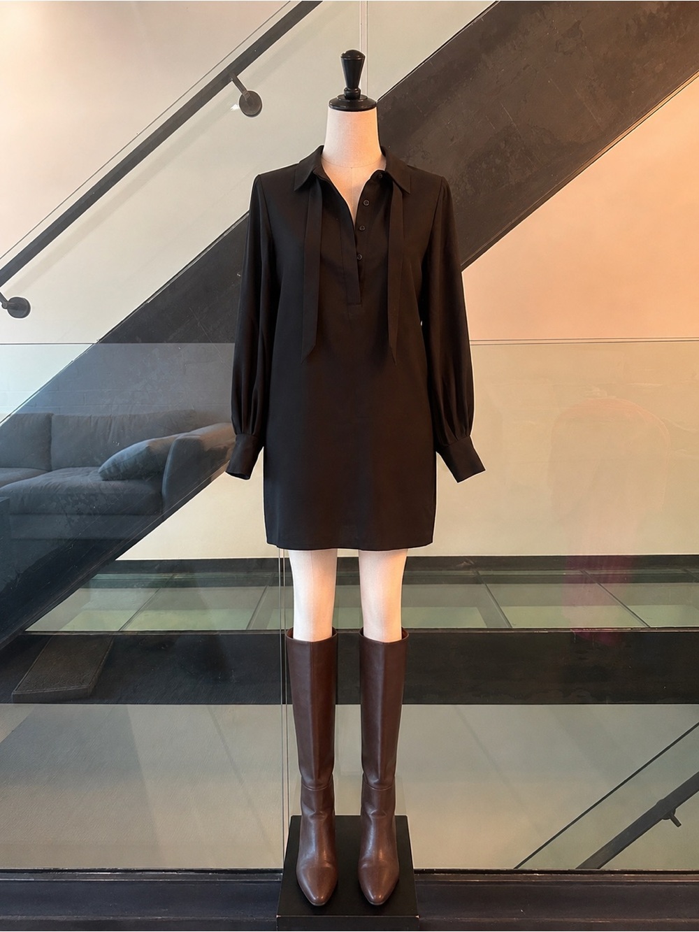 Club Monaco Black Tie-Neck Wool Mini Dress